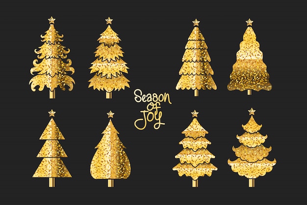 Set van gouden illustratie kerstboom op zwarte achtergrond