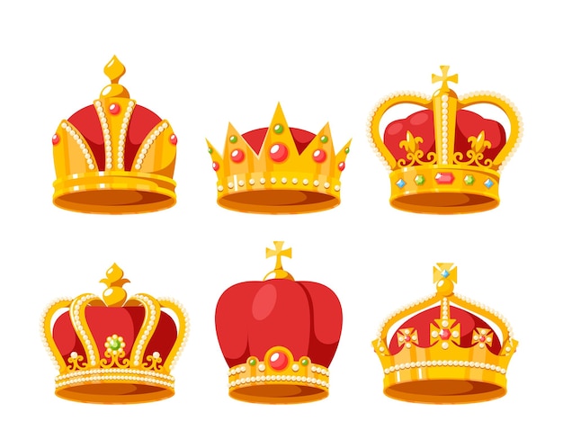 Set van gouden kronen voor koning of koningin kroning hoofdtooi voor monarch koninklijke gouden monarchie middeleeuwse keizer symbool