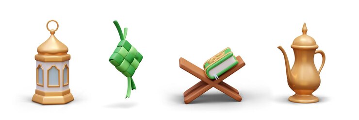 Vector set van gouden lantaarn realistische groene ketupat houten podium met koran en prachtige theepot