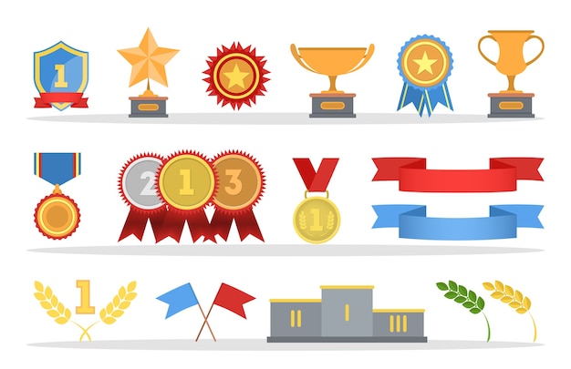 Set van gouden medailles en trofeekoppen. metalen badges met rode linten. illustratie