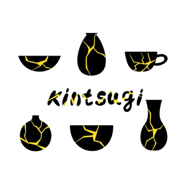 Set van gouden vectorillustratie van kintsugi black japanse vintage vaas in vlakke stijl restauratie van oude gerechten marmeren patroon een stijlvol element van uw ontwerp alle objecten zijn geïsoleerd