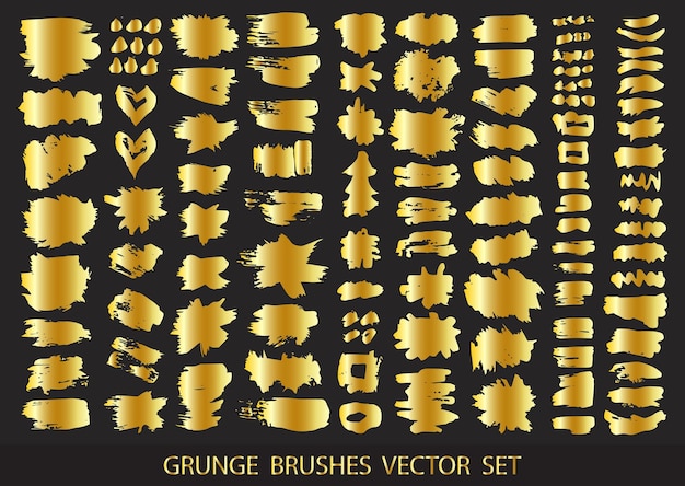 Set van gouden verf inkt penseelstreken borstels lijnen Vuile artistieke ontwerpelementen dozen frames