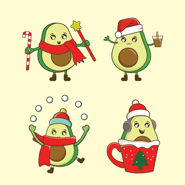 Set van grappige avocado merry christmas wenskaart vectorillustratie