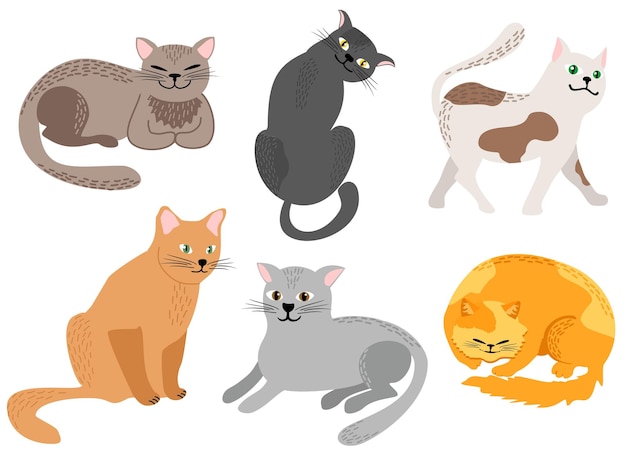 Set van grappige cartoon katten in verschillende poses huiskatten slapen en lopen, zitten en spelen