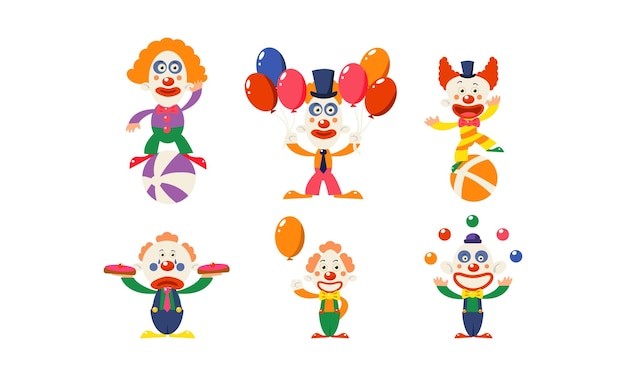 Set van grappige clowns in acties stripfiguren in kleurrijke kostuums circusartiesten tonen verschillende optredens elementen voor promo poster platte vector ontwerp geïsoleerd op witte achtergrond