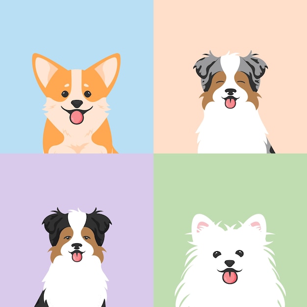 Set van grappige honden met corgi spitz Australische herder Illustratie met huisdier gezichten Vector