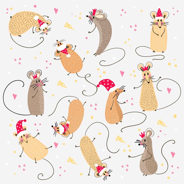 Set van grappige ratten met kerstman hoeden voor ontwerp 2020Verschillende ratten kerstcollectie Rat poses Leuke cartoon nieuwjaar clipart set Vector illustratie