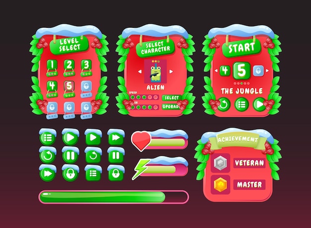 Set van grappige rode kerstbord pop-up game ui kit