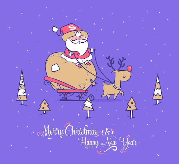 Vector set van grappige santa illustraties. de kerstman draagt cadeautjes voor kinderen op een slee met rendieren.