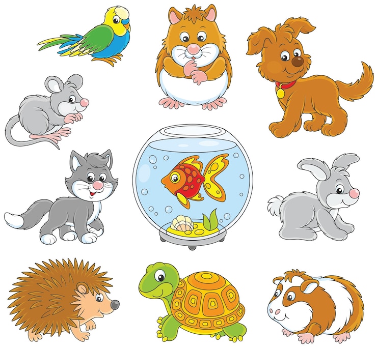 Vector set van grappige tekenfilmhuisdieren, waaronder een kat, een hond, een papegaai en andere huisdieren
