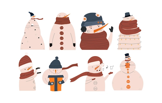 Set van grappige verschillende wintervakantie sneeuwmannen Kerst tekens Vector illustratie in de hand getekende stijl