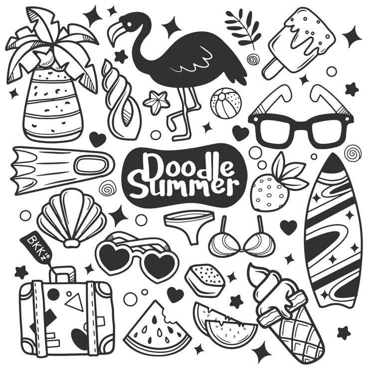 Vector set van grappige zomerachtergrond handgetekende achtergrond met zomerbenodigdheden en creatieve elementen vectorillustratie