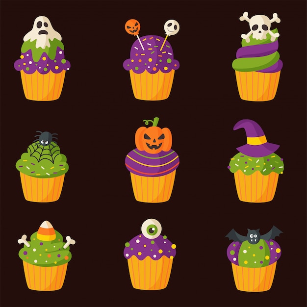 Set van griezelige cartoon halloween cupcakes