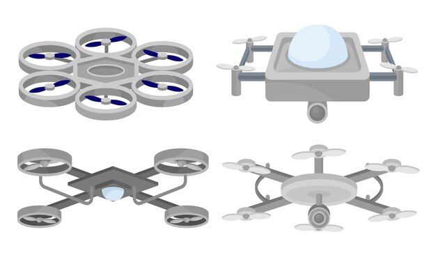 Vector set van grijze drones met een videocamera vector illustratie op een witte achtergrond