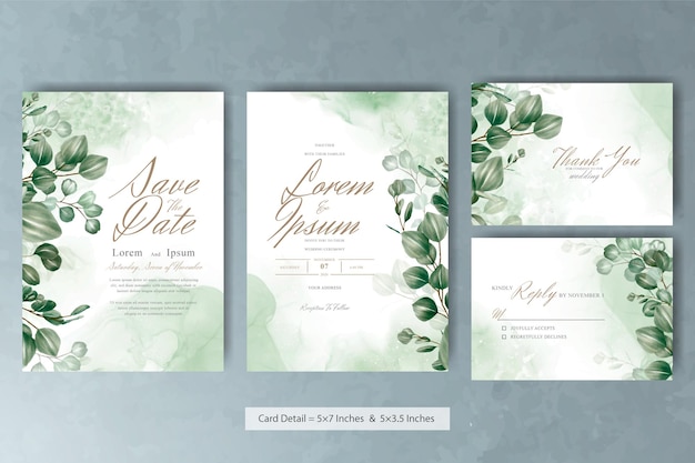 Set van groen bruiloft uitnodiging kaartsjabloon met Eucalyptus regeling bladeren