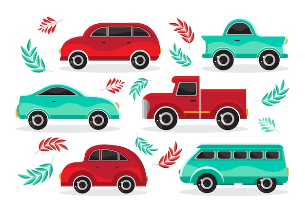 Set van groene en rode cartoon auto in platte vector. transportvoertuig. speelgoedauto in kinderstijl. leuk ontwerp voor sticker, logo, label. geïsoleerde object op witte achtergrond. het uitzicht vanaf de zijkant.