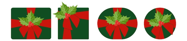 Set van groene geschenkdozen met rood lint en Holly Berry takken Kerst seizoen decoratie Vector platte cartoon illustratie geïsoleerd op wit Kleurrijke vakantie sjabloon voor briefkaart banner