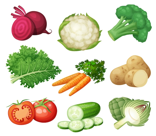 Vector set van groene groenten vector iconen geïsoleerd op witte achtergrond cartoon illustratie van gezonde