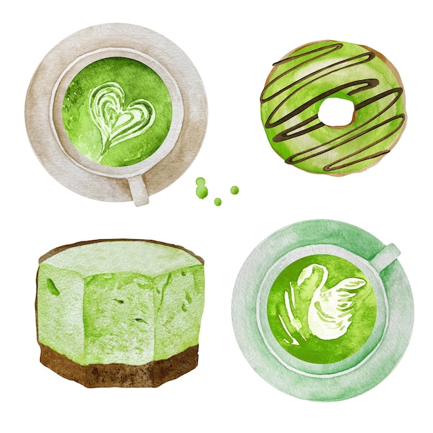 Set van groene thee matcha latte schuim kunst geïsoleerd op een witte achtergrond, bovenaanzicht