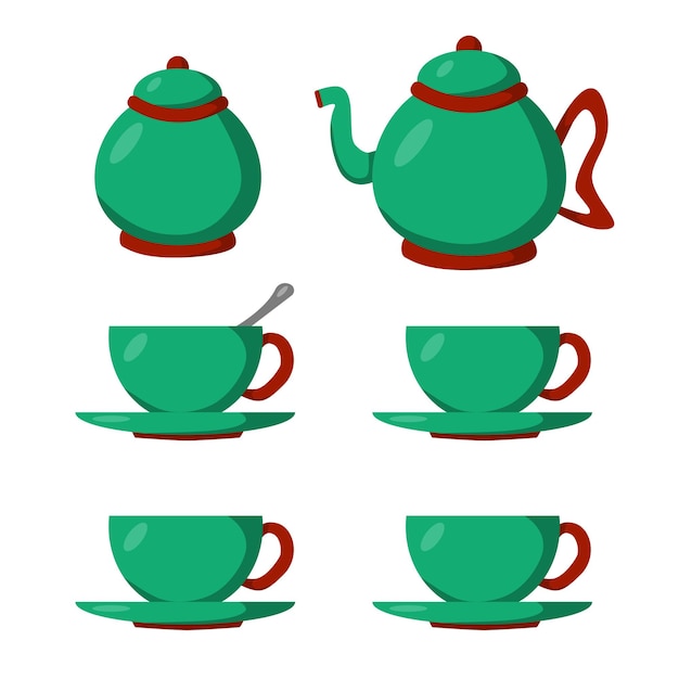 Set van groene thee set theepot suikerpot kopjes en schotels in vlakke stijl vector afbeelding