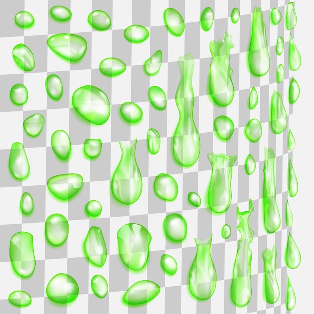 Set van groene transparante druppels die langs een cilindrisch oppervlak stromen Druppels van verschillende vormen geïsoleerd op transparante achtergrond