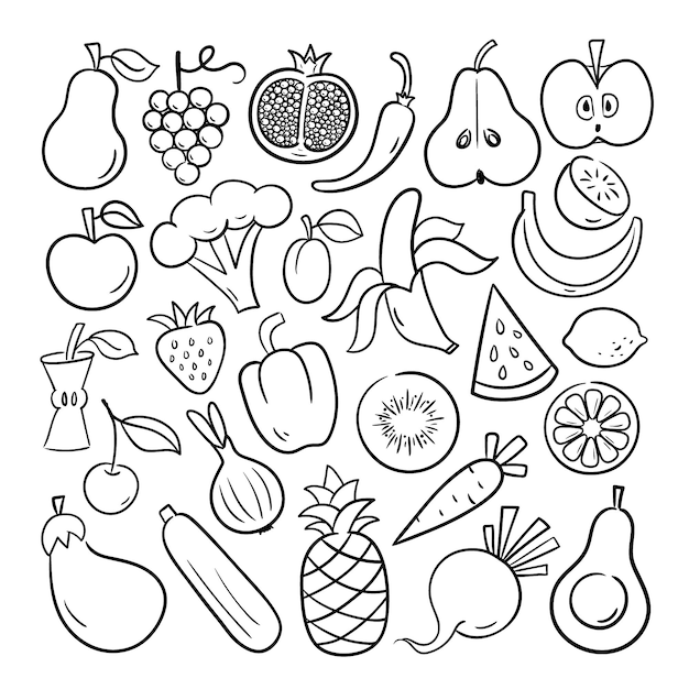 Set van groenten en fruit. Doodle vectorillustratie