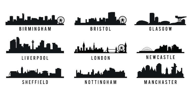 Vector set van groot-brittannië grote steden skyline silhouet