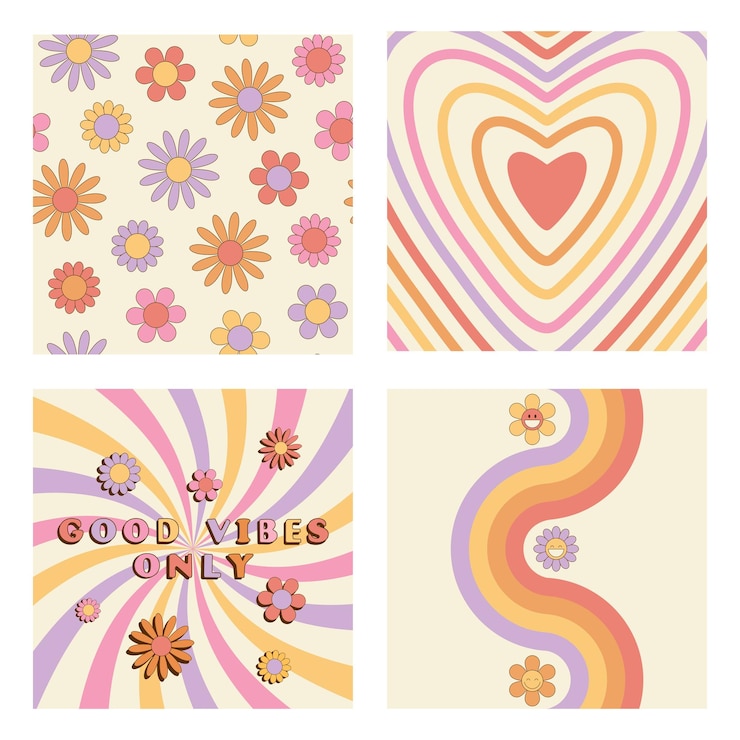 Vector set van groovy retro stijl kaarten met hippie symbolen goede vibes alleen slogan