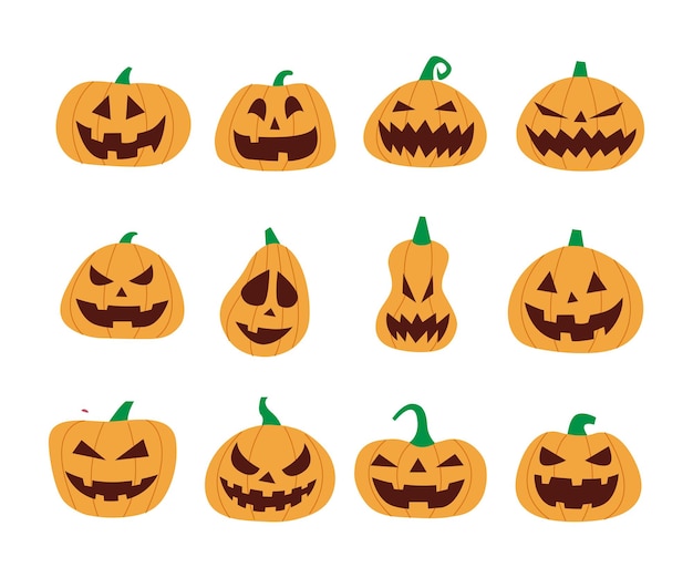 Set van Halloween angstaanjagende pompoenen platte stijl vector illustratie