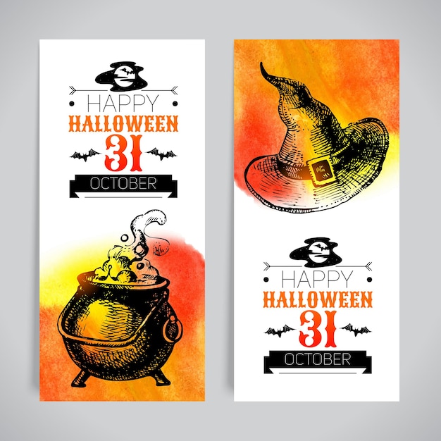Set van halloween-banners. typografische affiche. handgetekende schets en aquarel vectorillustraties