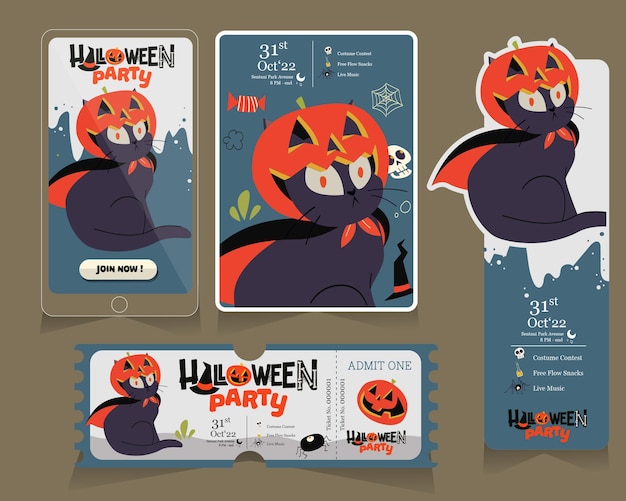 Set van halloween-banneruitnodiging en kaartje met illustratie van de pompoenspook schattige kat