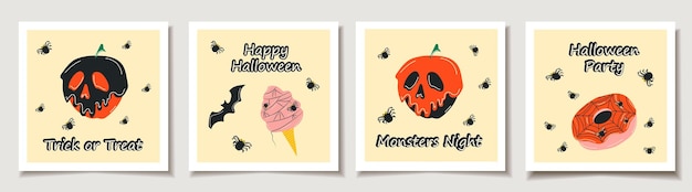 Vector set van halloween-kaarten met set van vier leuke halloween-voedselstickers collectie wenskaarten
