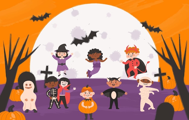 Set van Halloween Kids Costume Party verschillende nationaliteiten meisjes jongens op nacht begraafplaats Vector flat