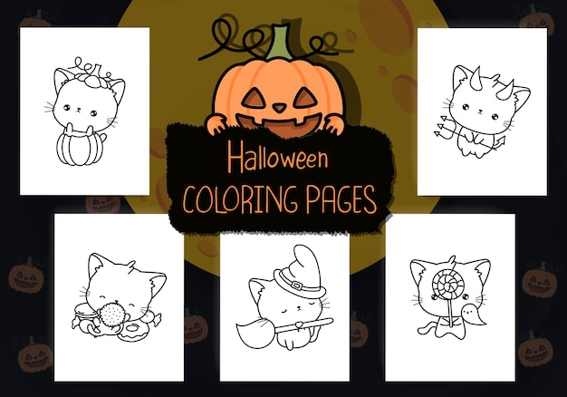 Set van Halloween kleurplaten. Set van Set Clipart Halloween kat voor kleurplaat.