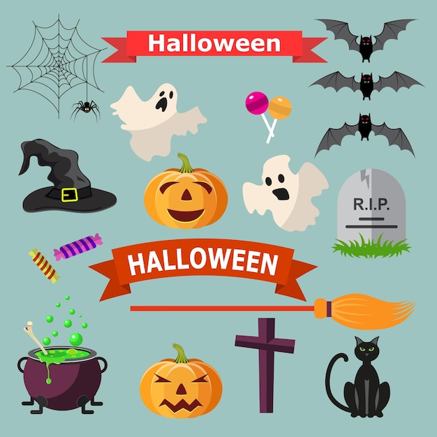 Set van Halloween linten en tekens. Kattenvleermuis snoepspin, spook, pompoen, heksenhoed, kruis. vectorillustratie voor Halloween-ontwerp, website, flyer, uitnodigingskaart