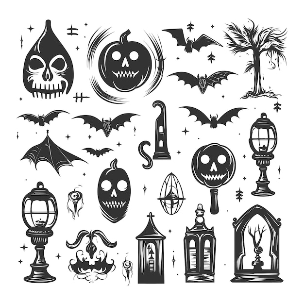 Set van Halloween ontwerpelementen Zwarte pictogrammen op een witte achtergrond vectorillustratie