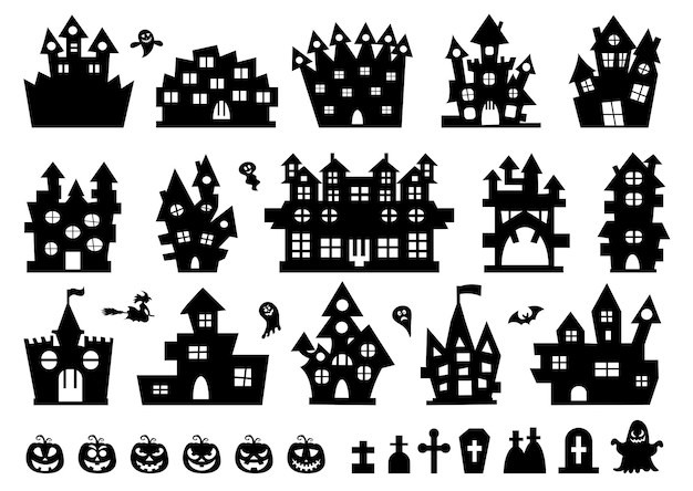 Set van halloween-pictogrammen Halloween-spookhuis geïsoleerd op een witte achtergrond Vectorillustratie