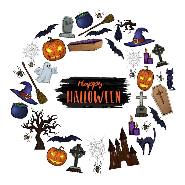 Set van Halloween-pictogrammen voor decoratie. Kleurrijke enge Halloween-schetsillustratie.