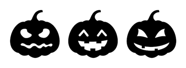 Set van halloween pompoenen verschillende gezichten op witte achtergrond silhouet pompoen met glimlach voor vakantie Halloween