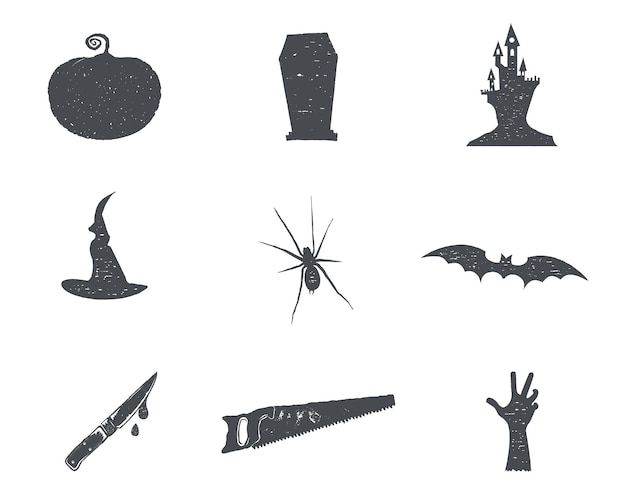 Set van halloween silhouet isonen. Vintage hand getekend Halloween-feest symbolen ontwerp voor het vieren van vakantie. Retro zwart-wit stijl. Voorraad vector geïsoleerd op een witte achtergrond.