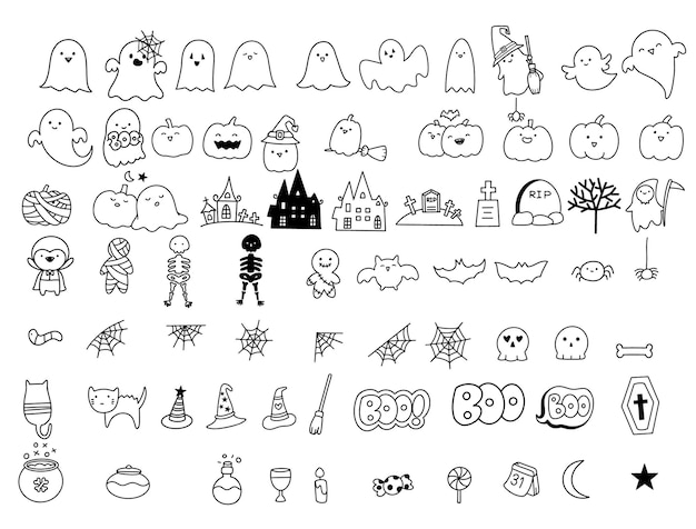 Vector set van halloween silhouetten zwart pictogram en grote set geïsoleerde karakter vectorillustratie