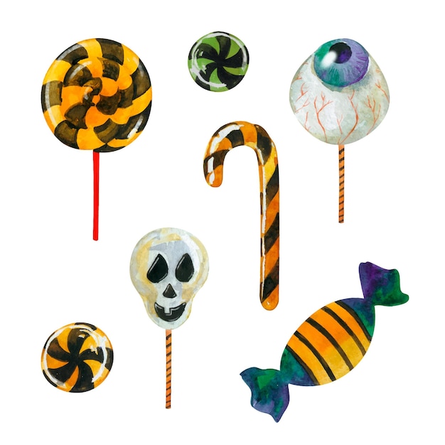 Set van halloween-snoepjes trick or treat aquarel handgetekende clipart geïsoleerd op een witte achtergrond