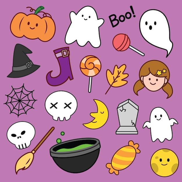 Set van halloween sticker cartoon pictogram en symbool ontwerp.