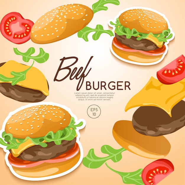 Set van hamburgers: zwarte hamburger met ingrediënten: illustratie