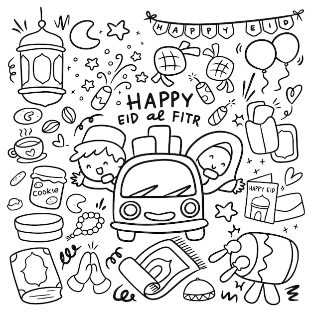 Set van Hand getrokken Cartoon Eid Al Fitr Doodle Idul Fitri Vector illustraties