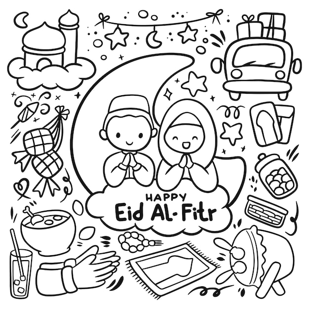 Set van hand getrokken cartoon eid al fitr doodle idul fitri vector illustraties