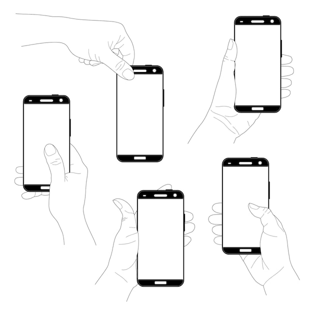 Set van handen met verticale moderne zwarte smartphones geïsoleerd