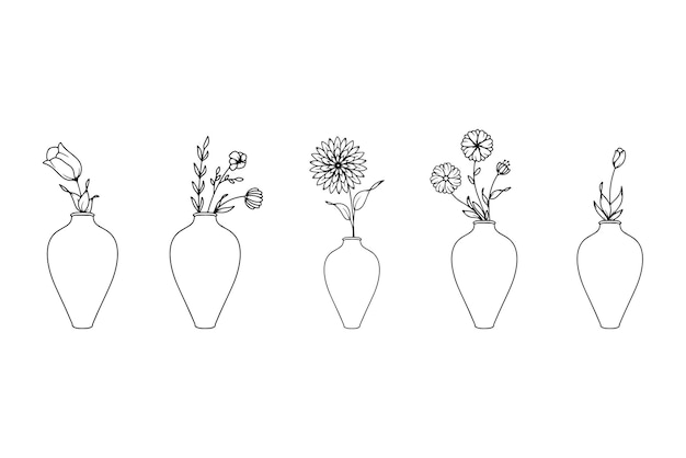 Set van handgetekende bloemenvaas illustraties lijntekeningen