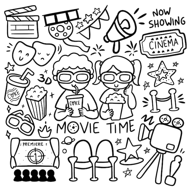 Set van handgetekende kawaii film tijd vectorillustratie