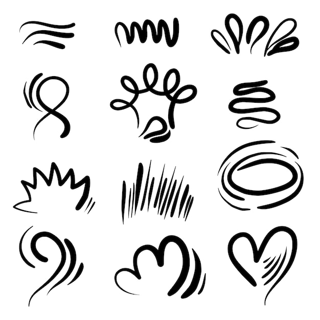 Vector set van handgetekende schattige cartoony expressie teken doodle lijn stroke beweging tekening